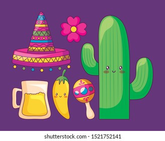 cactus with mexican hat and set icons kawaii character vector illustration design