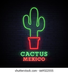 Cactus Mexican. Neon bright sign. Logo. Bright banner. Cactus in a pot. Home cactus. Mexico. Cactus. Emblem. Vector image