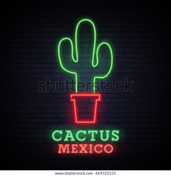 サボテンメキシコ語 ネオンの明るい看板 ロゴ 明るいバナー 鍋の中のサボテン ホームサボテン メキシコ サボテン エンブレム ベクター画像 のベクター画像素材 ロイヤリティフリー