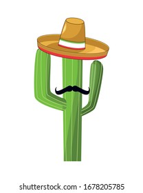 cactus mexican plant with mustache and hat vector illustration design