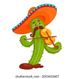 A cactus in a Mexican sambrero plays the violin. A funny cartoon character for the Dia de Muertos holiday. Vector graphics on a white background.