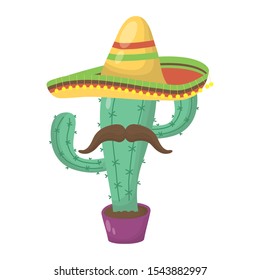 cactus mexican with traditional hat and mustache vector illustration design