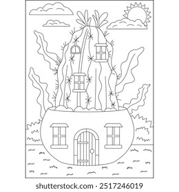 cactus miniature house coloring book page for kids and adults creative coloring mindful relaxation activity