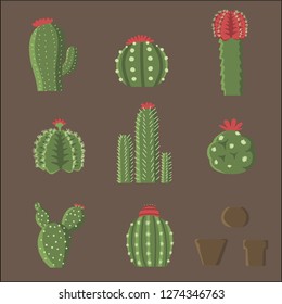 cactus mix vector Opuntia, Gymnocalycium, Carnegiea,  Astrophytum asteria, Gymnocalycium mihanovichii, Melocactus, Lophophora with pot 