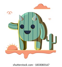 Cactus Monster with Sunset Vibe Flat Style Character Design