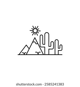 Cactus mountain and sun icon Flat vector set outline
