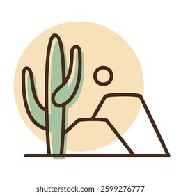 Cactus mountain and sun vector icon. Rocky desert landscape. Nature sign. Graph symbol for travel and tourism web site and apps design, logo, app, UI