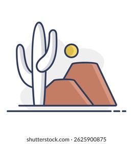 Cactus mountain and sun vector icon. Rocky desert landscape. Nature sign. Graph symbol for travel and tourism web site and apps design, logo, app, UI