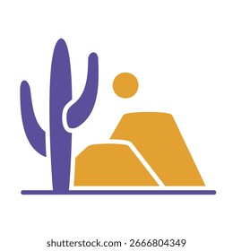 Montaña de cactus y Vector solar icono sólido. Paisaje desértico rocoso. Signo de Naturaleza. Símbolo del gráfico para el diseño del Sitio web y de los App del viaje y del turismo, logotipo, App, UI