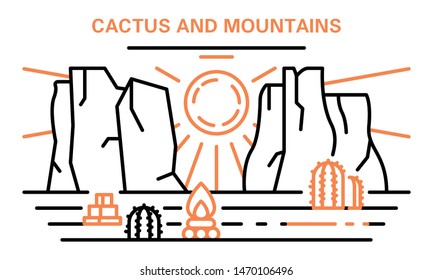 Cactus and mountains banner. Outline illustration of cactus and mountains vector banner for web design