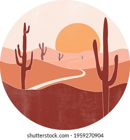 Cactus And Mountains In Desert Landscape. Flat Cartoon Vector Illustration.