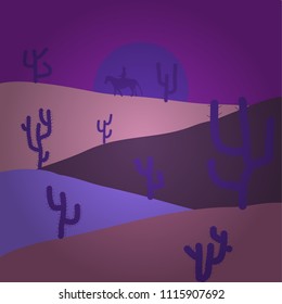 Cactus and mountains in desert landscape, sunset in cannon, Background scene with stones and sand. Flat cartoon on violet, purple and pink colors. Vector illustration.
