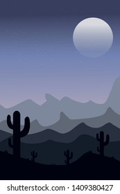 Cactus and mountains in night desert landscape