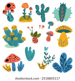 Cactus and Mushrooms Clipart Set. Flat Vector Illustration