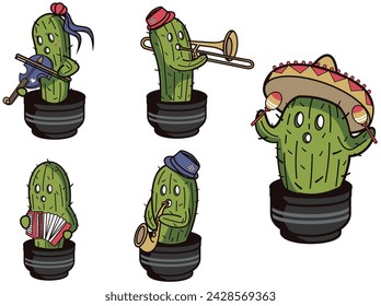 Cactus musician mascot vector illustration in many style and pose