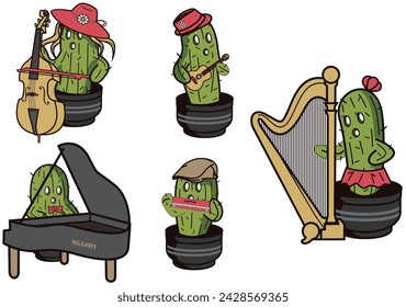 Cactus musician mascot vector illustration in many style and pose