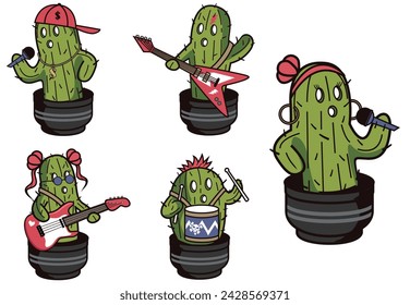 Cactus musician mascot vector illustration in many style and pose