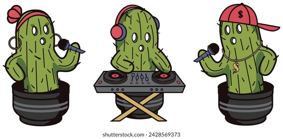 Cactus musician mascot vector illustration in many style and pose