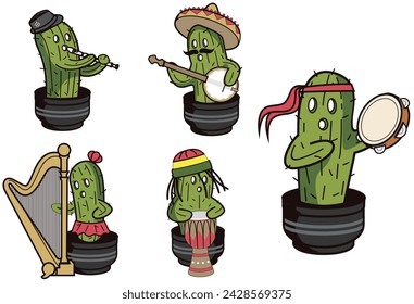 Cactus musician mascot vector illustration in many style and pose