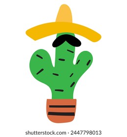 Cactus with mustaches and sombrero. Vector hand drawn illustration on white background.