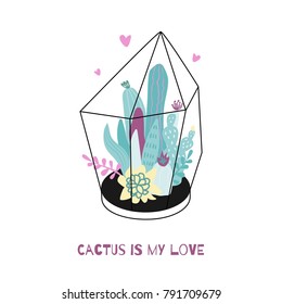 Cactus is my love. Vector set with cute cactuses and succulents in terrariums. Illustration with home plants in scandinavian style.