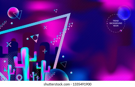 Cactus neon volume abstract background dark violet banner trend art hipster style