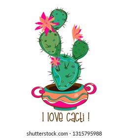 Cactus in a nice clay pot. Inscription. I love cacti. Vector.