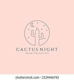 cactus night logo line art with the moon and stars vector symbol illustration design, plant emblem badge logo design