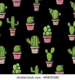 cactus on a black background. seamless texture. Pattern with cacti. Green cactus in pink pot