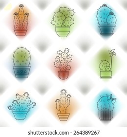 Cactus on a blurred background. The cactus blooms. Line drawing vector illustration. Seamless background with cacti.