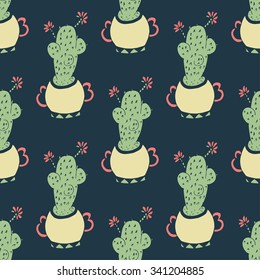 Cactus on a dark background. Seamless. Doodle, sketch.