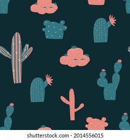 Cactus on a dark blue background. Vector seamless drawing with various cacti. Bright repeating texture with green cacti on a pink background . A natural hand-drawn background with desert plants.