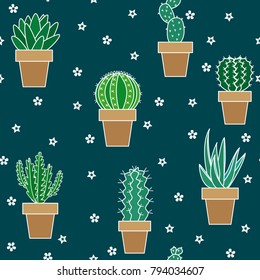 Cactus on dark green background. Seamless pattern. Vector illustration.