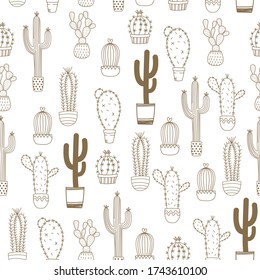 Cactus on desert. Hand drawn seamless vector illustration art on white background.
