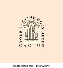 cactus on desert summer logo emblem vector vintage line art illustration design