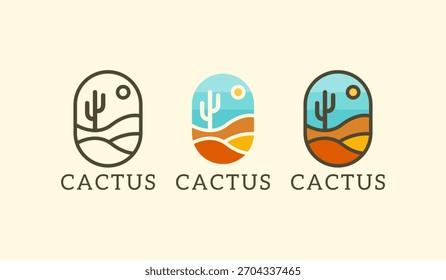 Cactus en el diseño de ilustración de arte de línea vintage de Vector de emblema de logotipo de verano del desierto.