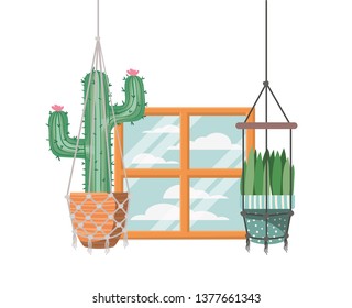 cactus on macrame hangers isolated icon