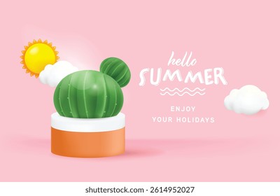 Cactus on pink background 3d animation cartoon. Summer 3d background. illustration vector premium.