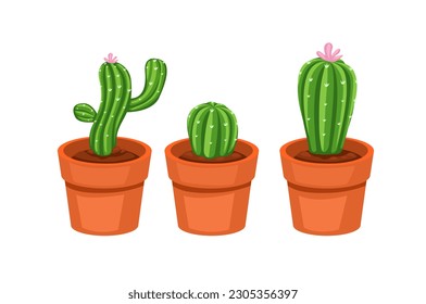 Cactus on Pot Collection Set. Houseplant Hobbies and Decoration Cartoon vector