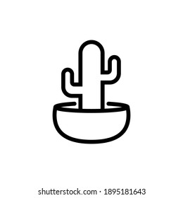 Cactus on pot icono logo en el diseño gráfico de arte de contorno en color monocromo