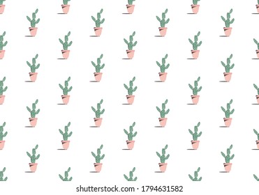 Cactus on a pot seamless pattern. Minimal nature botanical texture. For all your design, fabric, wrapper repeat, graphic design, textile tileable background or backdrop concept. Digital craft. Vector.