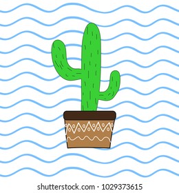 Cactus on seamless wavy background. Vector illustration