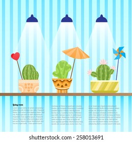 Cactus on the shelf. Set of indoor cacti in pots. Vector illustration. The lamp on the wall is heated. Decorations in the form of turntables, umbrella and heart. Flat style design.