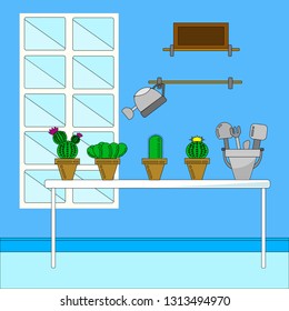 Cactus on table in the light blue room background vector.1000.