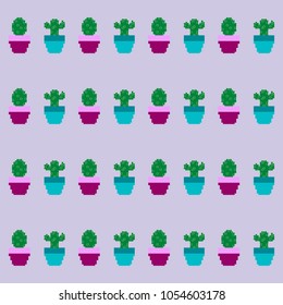 Cactus on a violet. 8 bit. Pixel vector illustration. Seamless p