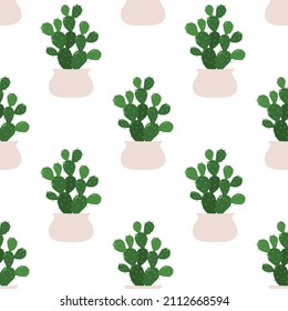 Cactus opuntia. Patrón vectorial sin fisuras de una planta doméstica en una olla sobre fondo blanco.