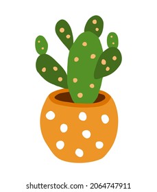 Cactus in a orange decorative ceramic pot. Colorful botanical vector isolated illustration on a white background. Doodle style