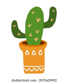Cactus en una olla decorativa de cerámica naranja. Vector botánico colorido, ilustración aislada en un fondo blanco. Estilo Doodle