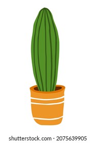 Cactus in a orange decorative ceramic pot. Colorful botanical vector isolated illustration on a white background. Doodle style