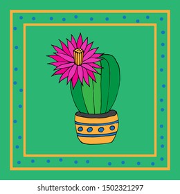 Cactus in an orange frame on a green background. Hand drawn sketch. For textiles, gift paper, 